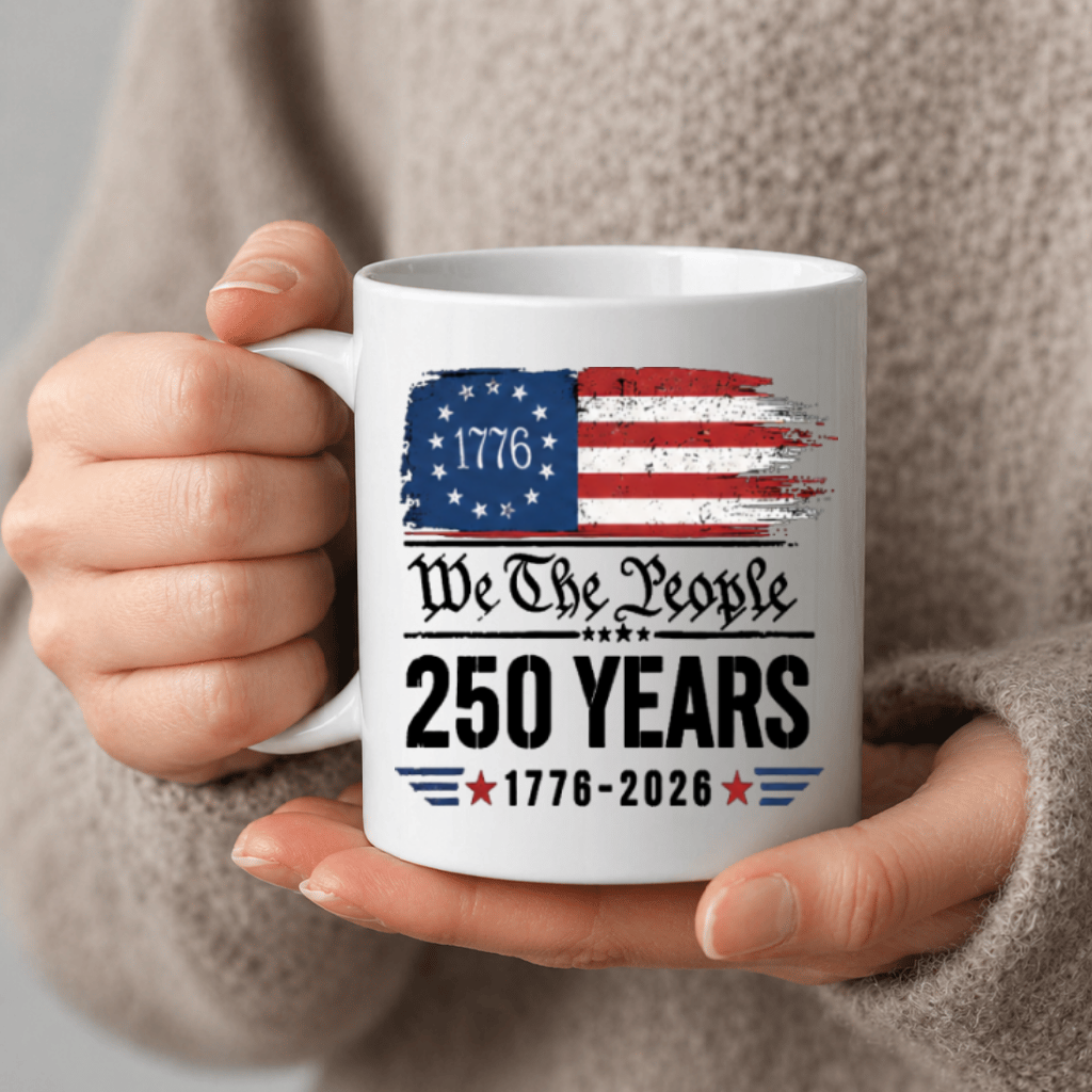 America 250 Years White Mug – 4th of July 1776-2026 Tee for Men Women, Distressed Flag Patriotic Design - back view